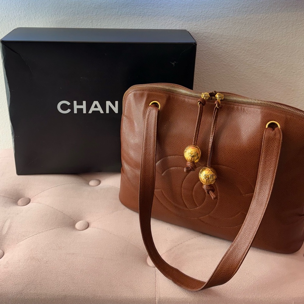 Chanel Caviar Stitched CC 24K Ball Charm Double Zip Caramel Timeless Tote dome